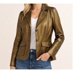 CAbi Gold Leather Short Blazer Jacket Button Front Pockets Size 12